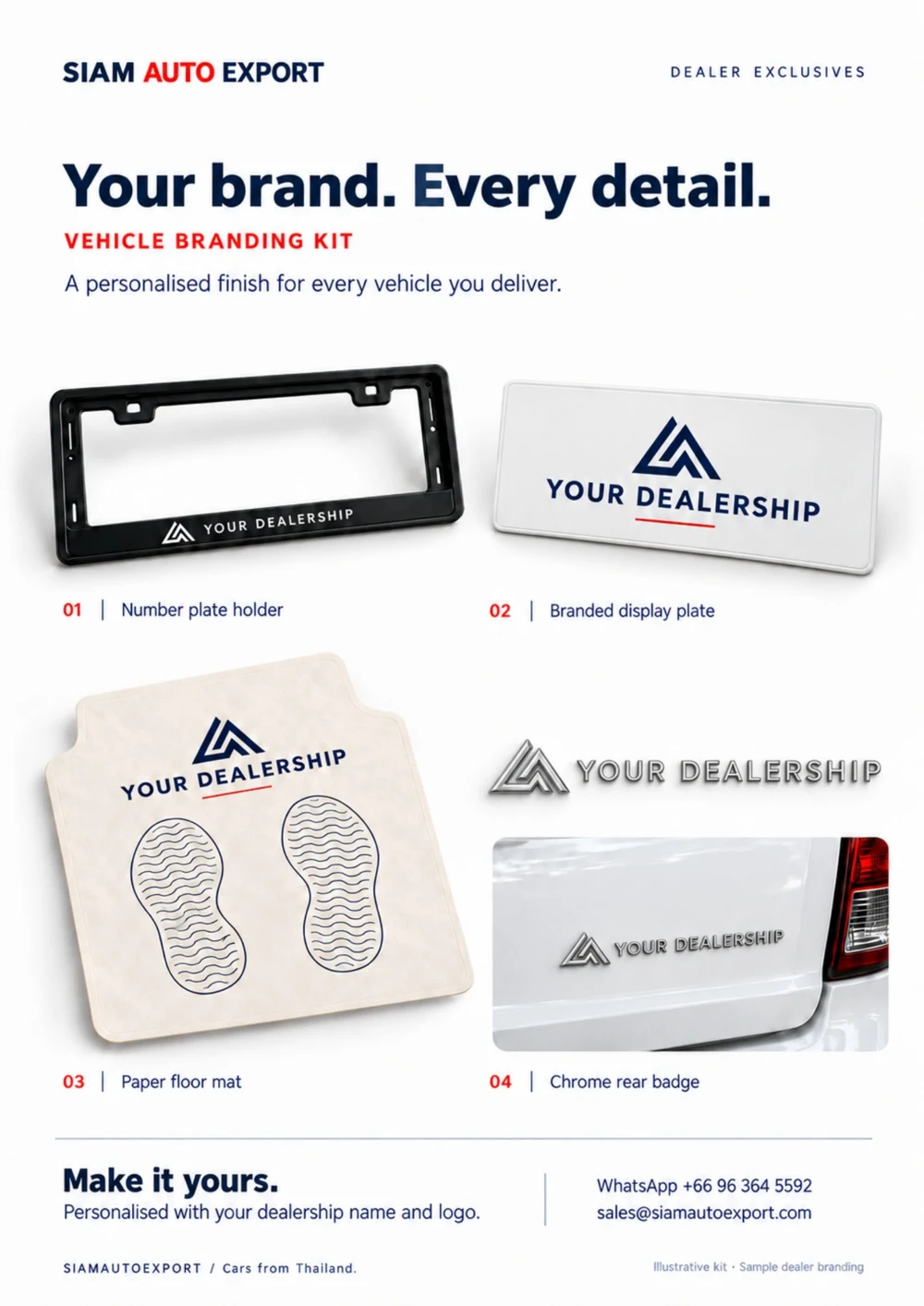 SIAMAUTOEXPORT vehicle branding kit: plate holder, display plate, paper floor mat and chrome rear badge